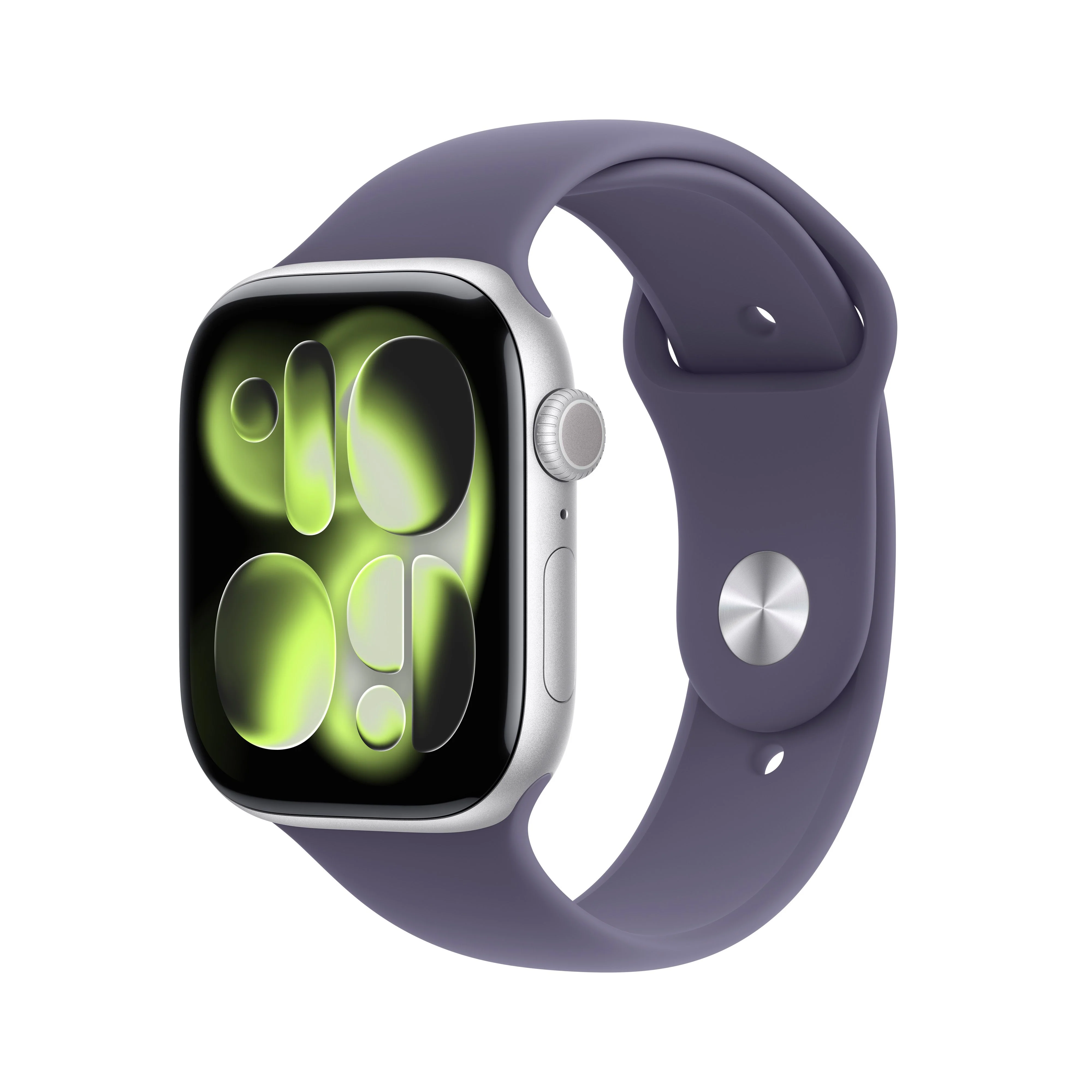 Apple Watch Series 11 موديل GPS إطار ألومنيوم فضي مقاس 42 مم مع حزام رياضي ليلكي ضبابي - مقاس متوسط/كبير