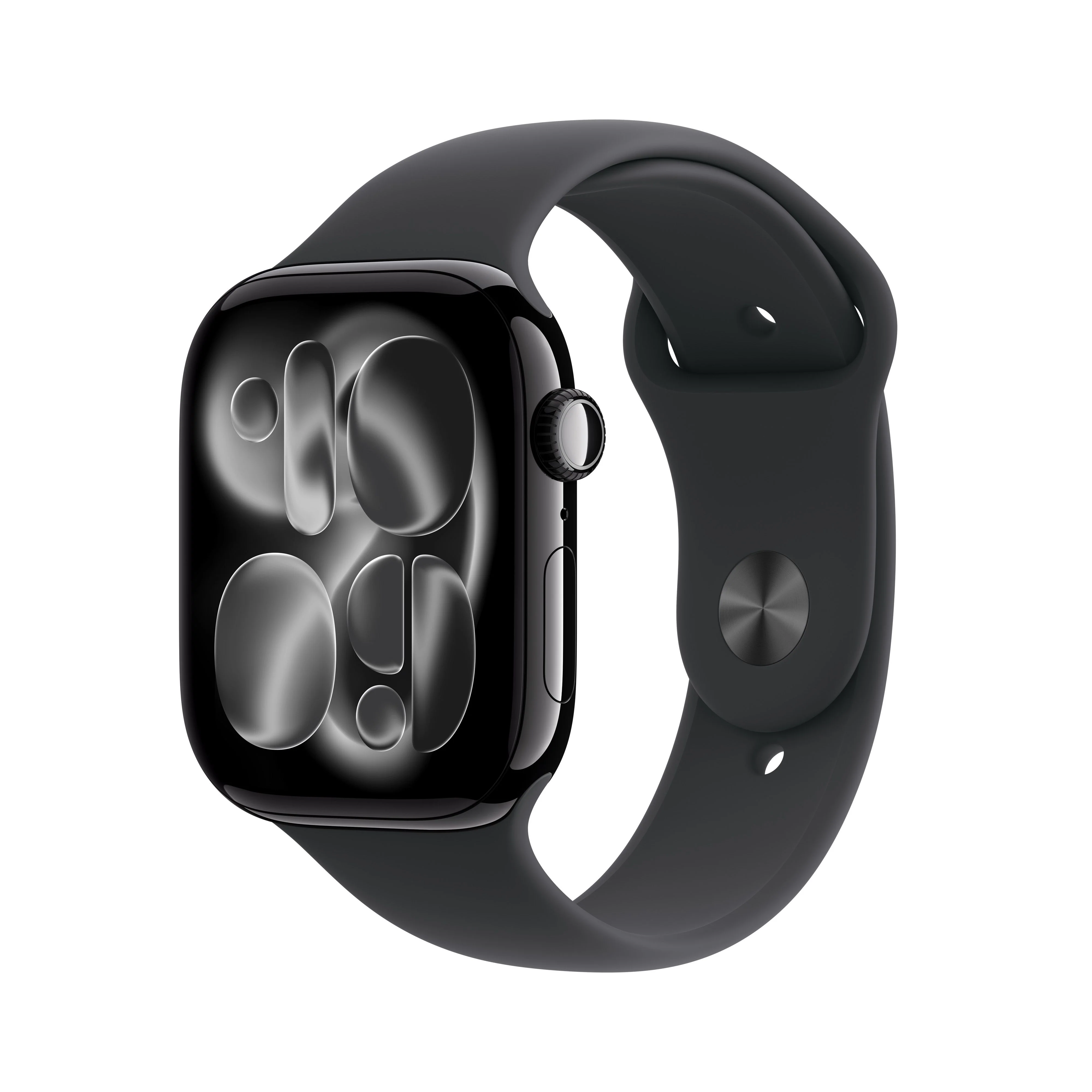 Apple Watch Series 11 موديل GPS إطار ألومنيوم أسود لامع مقاس 46 مم مع حزام رياضي أسود - مقاس صغير/متوسط
